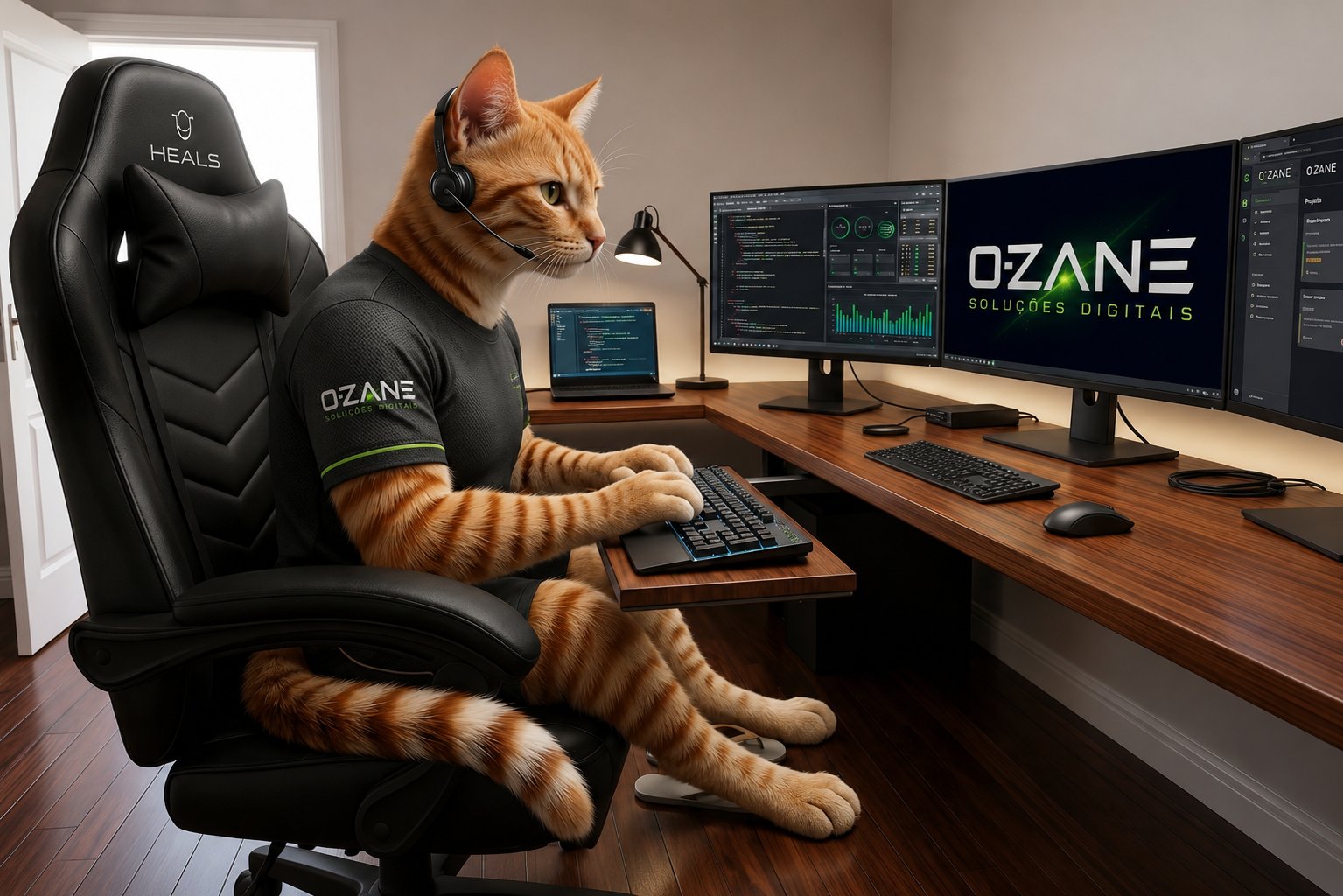 Resultado IA — gato humanizado trabalhando no setup O-ZANE