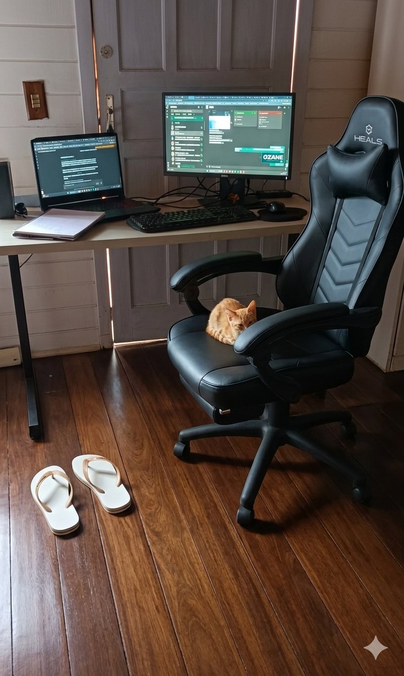 Ambiente de trabalho real com o gato na cadeira